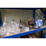 A mixed lot including a Jasperware biscuit barrel and a pair of 19th Century glass decanters