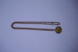 9ct yellow gold belcher chain, marked 375, 60cm, hung with a 1908 Gold half Sovereign, Edward II & G
