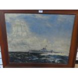 A L Grace, a mid 20th century oil of Torpedo boat with Galleon, in cloud titled 'Time Marches On' 17