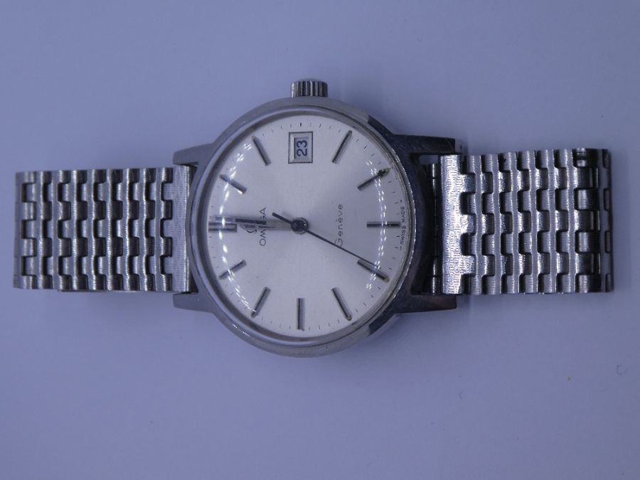 OMEGA, a gent's Stainless Steel Omega Geneve wristwatch, with silvered dial, baton markers and date