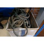 A quantity of metal rope blocks, rope and similar including 6 inch examples