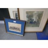 An antique Aquatint titled 'A Rigmaroll', two other coloured prints and a watercolour (4)