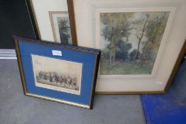 An antique Aquatint titled 'A Rigmaroll', two other coloured prints and a watercolour (4)