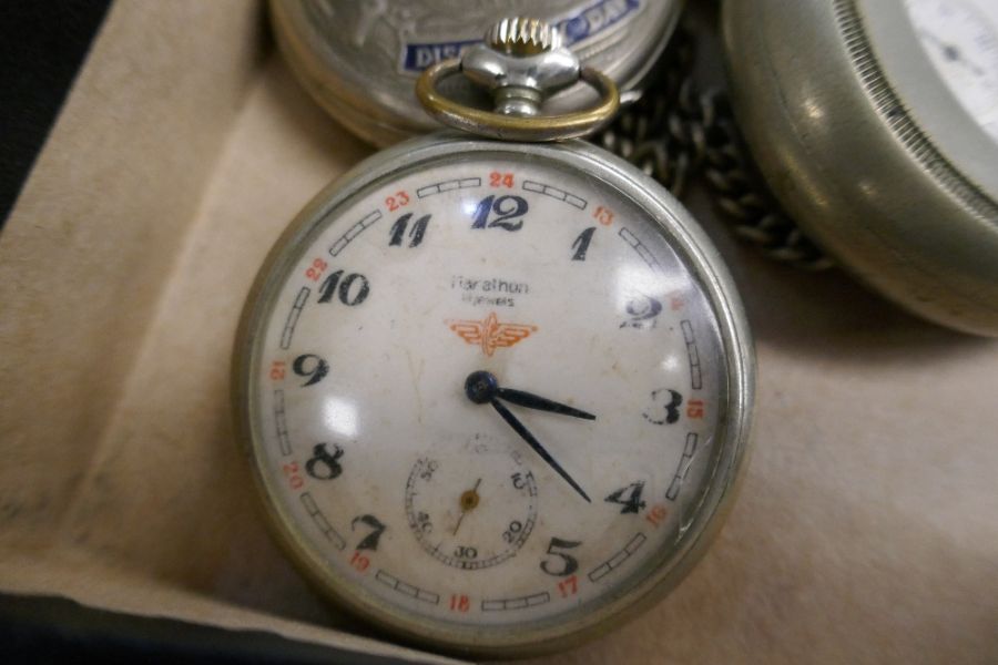 Four vintage pocket watches to include USSR Marathon watch with image of 'The Tale of Ural' on rever - Image 4 of 4