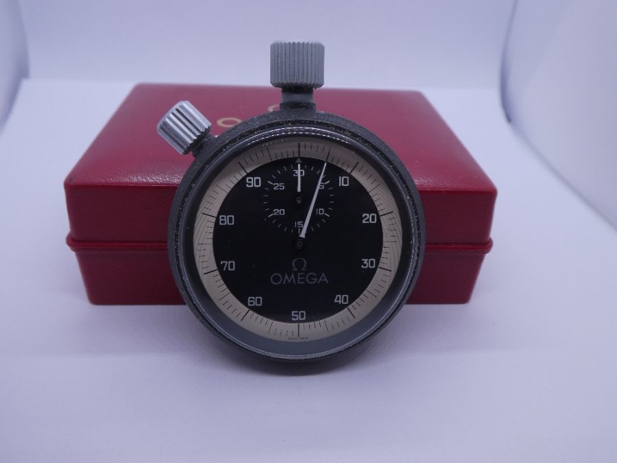 Omega; an Omega stainless steel backed stopwatch, circa 1970 with black signed dial and white chapte - Image 2 of 4