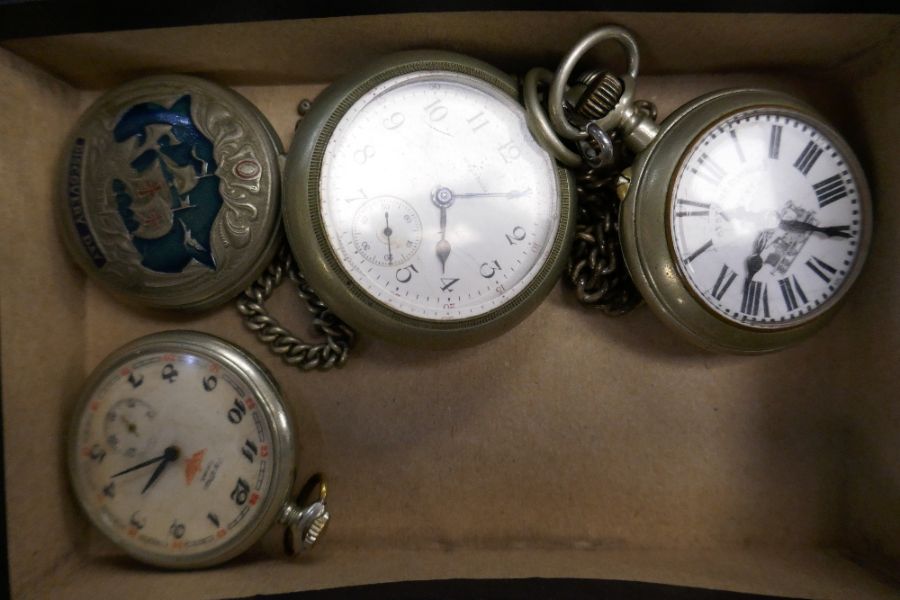 Four vintage pocket watches to include USSR Marathon watch with image of 'The Tale of Ural' on rever