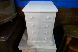 A small painted chest, a painted cupboard and convex mirror