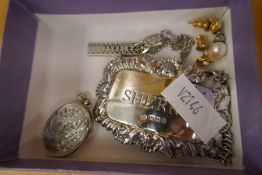 Silvery Sherry label, silver locket, earrings, etc