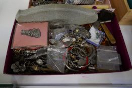 Tray of costume jewellery and collectables including silver jewellery, plated grape scissors, silver