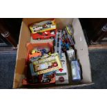 A box of playworn die cast vehicles, a Matchbox boxed articulated horse man and similar