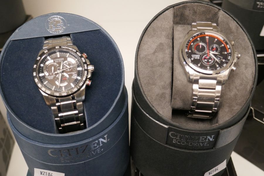 A pair of Citizen Eco-Drive watches case no.s E650-SO75713 Purchased June 2013 and H500-SO82005 Purc