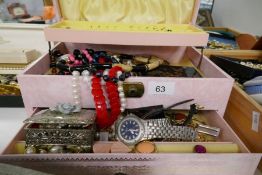 Jewellery box containing various costume jewellery including watches, bead necklaces, earrings, etc