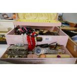 Jewellery box containing various costume jewellery including watches, bead necklaces, earrings, etc
