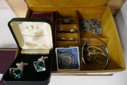 Jewellery box containing silver rings, earrings, medallion, yellow metal earrings, etc