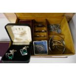 Jewellery box containing silver rings, earrings, medallion, yellow metal earrings, etc