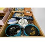 Tray containing vintage and modern costume jewellery including watches, earrings, etc and yellow met