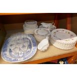 A quantity of Royal Doulton Rosell dinnerware, a blue and white platter and 10 small glasses