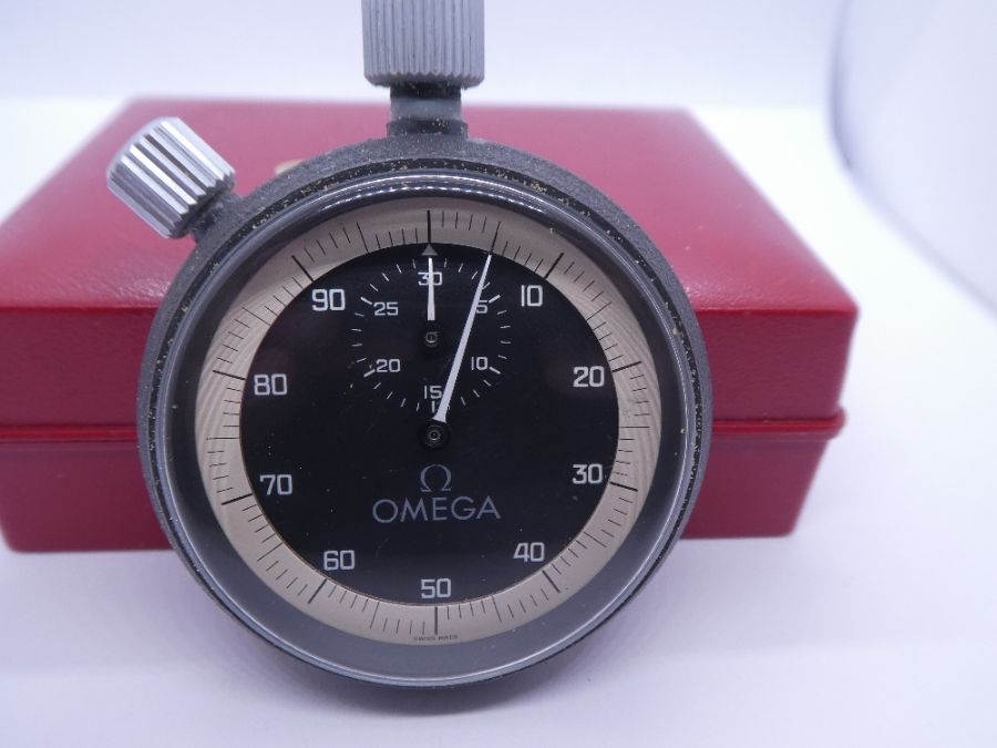 Omega; an Omega stainless steel backed stopwatch, circa 1970 with black signed dial and white chapte - Image 3 of 4