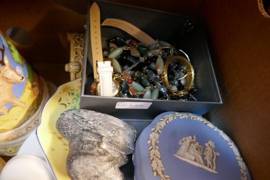 A box of sundry including a small quantity of costume jewellery, china and metalware