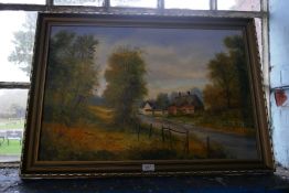 Peter Snell; a modern oil of country lane with buildings and trees, signed, 75.5 cm x 49.5 cm, toget