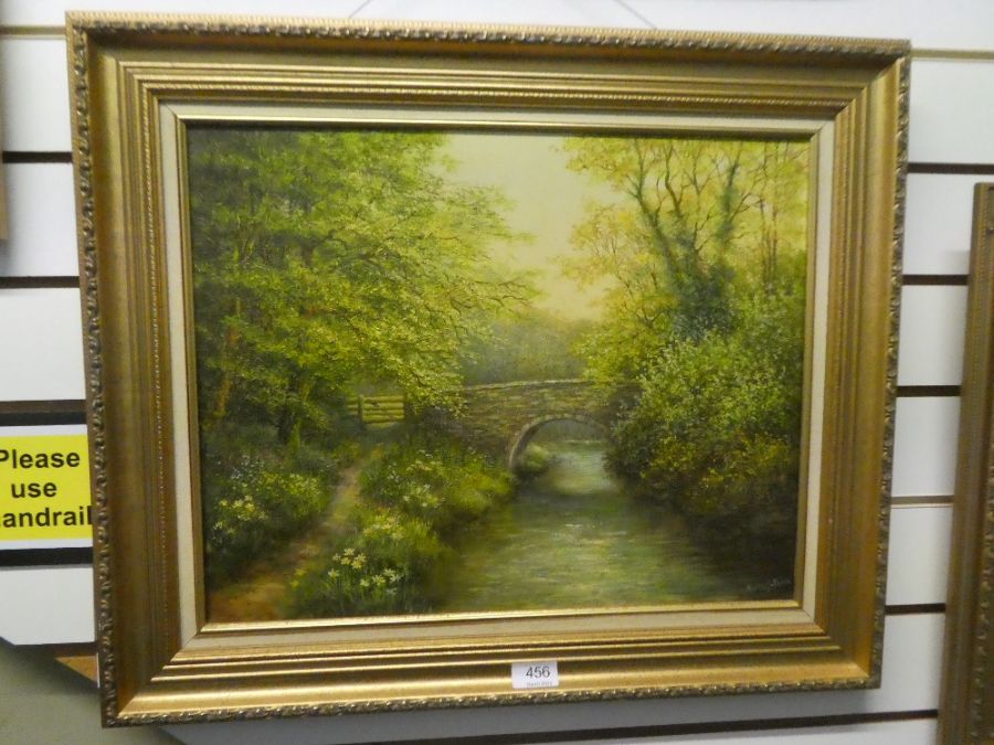 Albert Wells-Price, a modern British oil of Woodland scene with bridge and river, signed, 49.5cm x 3