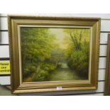 Albert Wells-Price, a modern British oil of Woodland scene with bridge and river, signed, 49.5cm x 3