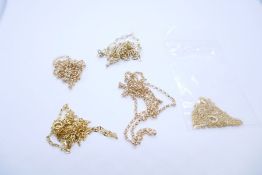 Six 9ct gold chains including two fine belcher, curblink, etc, all marked 375, approx 6.2g