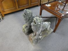An old pair of white marble standing lions on oblong base, probably from a fountain, length 61cm