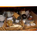 Six boxes of various china, glassware and metalware of vintage manufacturers, and a vintage sewing m