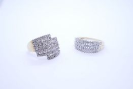 Two 10K yellow gold cluster rings, one 3 row baguette and round cut alternating ring and another one