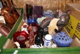 A box of wooden animal figures, mixed boxes of china, glass, metalware, etc