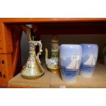 A pair of Royal Copenhagen vases decorated yachts and two Italian pottery items