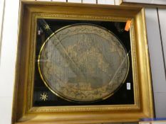 A Victorian oval needlework panel of England and Wales, in gilt frame, 46 x 52cm