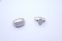 Two 9ct yellow gold diamond cluster ring, one pave set 5 row domed example and the other pave panell