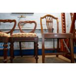 Three Victorian mahogany dining chairs and a pair of Hepplewhite style country chairs