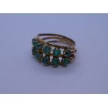 14ct yellow gold dress ring set two rows of green stones, marked 14 size P, approx 3.5g