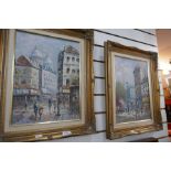 Pair of oil on canvas pictures depicting street scenes in Europe