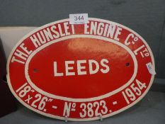 An oval Railway sign for the Hunslett Engine Company, LEEDS, 1954