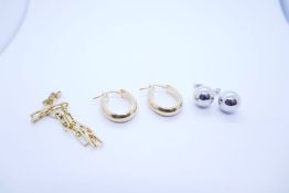 Pair of 9ct yellow gold hoop earrings, pair of contemporary 9ct chain design drop earrings and a pai