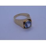 15ct yellow gold dress ring set with pale blue synthetic Spinel, marked 585, size P/Q, approx 5.6g
