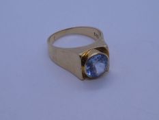 15ct yellow gold dress ring set with pale blue synthetic Spinel, marked 585, size P/Q, approx 5.6g