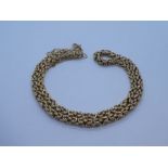 9ct yellow gold fancy link necklace, 43 cm, marked 375, approx 13.7g in miniature handbag case