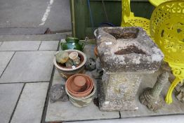 Bird bath of heavy reconstituted stone and a selection of pots some glazed and animal statues incl.