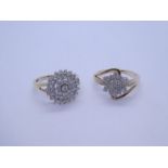 Two 10K yellow gold diamond cluster rings, one a circular design and the other a flower head, both m