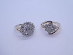 Two 10K yellow gold diamond cluster rings, one a circular design and the other a flower head, both m
