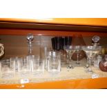 A ships cut glass decanter, various drinking vessels, one being engraved 'Daedulus', including sudry