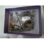 Silver decanter label, silver ring etc