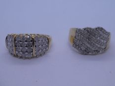 Two 10K yellow gold rings set with diamond chips, size S, marked 10K, approx 9.3g