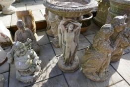 Stone effect bird bath on pedestal base of the three graces
