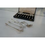 London 1797 Stephen Adams I silver tongs, a set of five decorative silver teaspoons, other silver fl